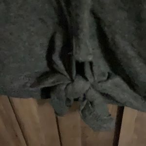 Grey flowing bottom down top.  Roll up sleeves. Tied bottom.